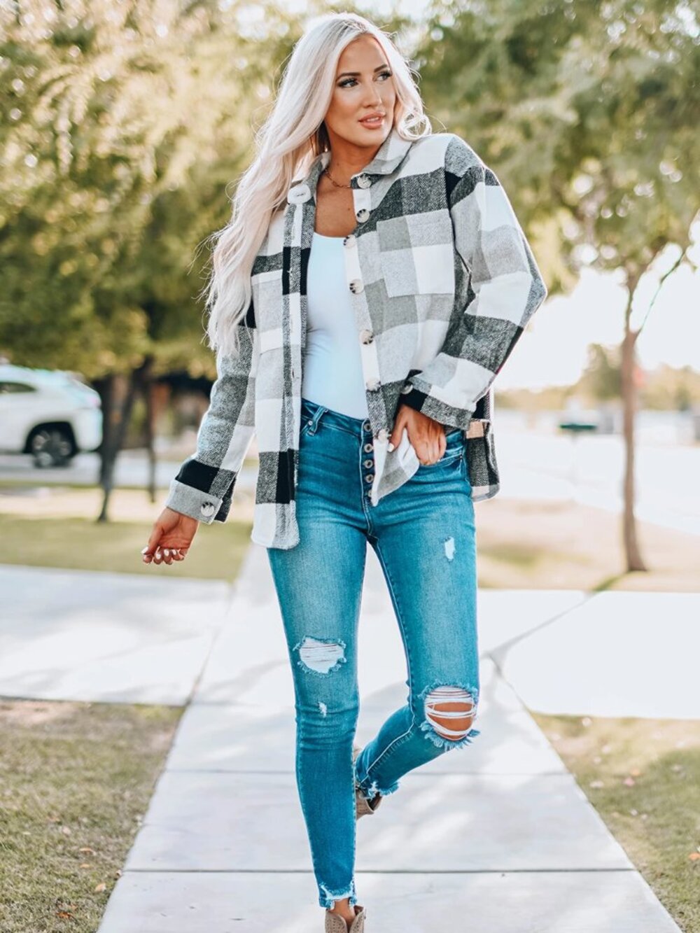 Gray Plaid Color Block Buttoned Long Sleeve Jacket with Pocket